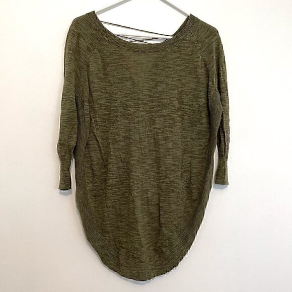 EXPRESS Lace Up Back Circle Hem Sweater Olive Green 3/4 Sleeve Lattice Cotton S - Picture 3 of 16